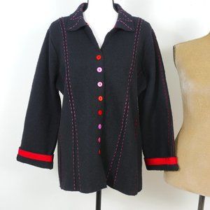 Sigrid Olsen Black Wool Pink Red Button Front and Stitching Size L Petite Coat